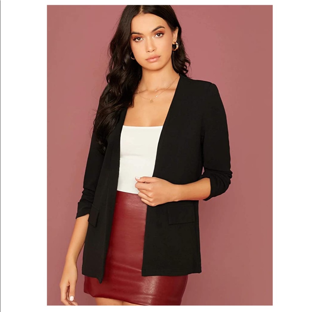 Open Front Blazer Plaid Roll Up Sleeve Jacket